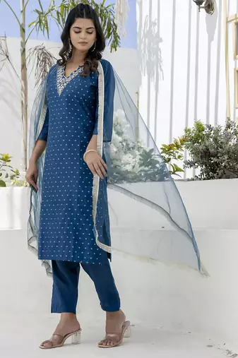 Teal blue color chanderi silk beautiful festive wear readymade kurta set