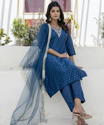 Teal blue color chanderi silk beautiful festive wear readymade kurta set 5