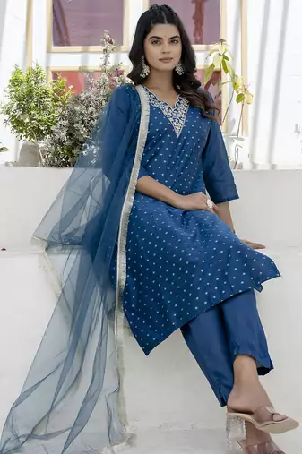 Teal blue color chanderi silk beautiful festive wear readymade kurta set