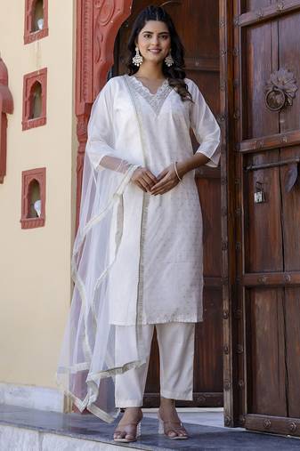 White color chanderi silk fabric beautiful festive wear readymade kurta set