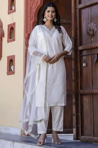 White color chanderi silk fabric beautiful festive wear readymade kurta set
