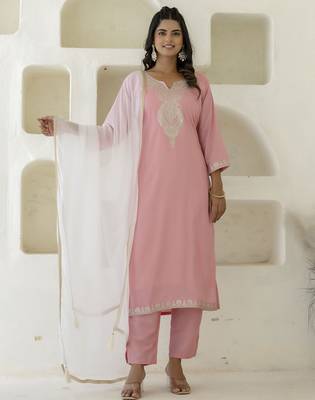 Pink color silk blend beautiful festive wear readymade kurta set 1