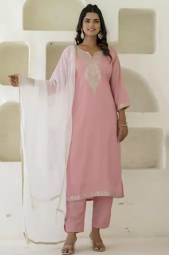 Pink color silk blend fabric beautiful festive wear readymade kurta set