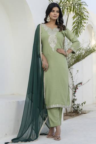 Pista color silk blend fabric beautiful festive wear readymade kurta set