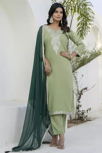 Pista color silk blend fabric beautiful festive wear readymade kurta set