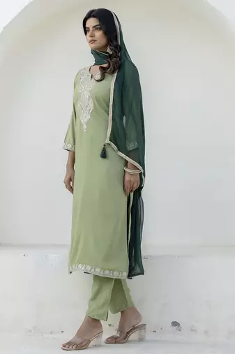 Pista color silk blend beautiful festive wear readymade kurta set