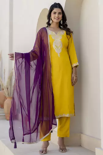 Yellow color silk blend fabric beautiful festive wear readymade kurta set