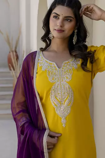 Yellow color silk blend beautiful festive wear readymade kurta set