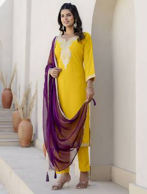 Yellow color silk blend beautiful festive wear readymade kurta set 4