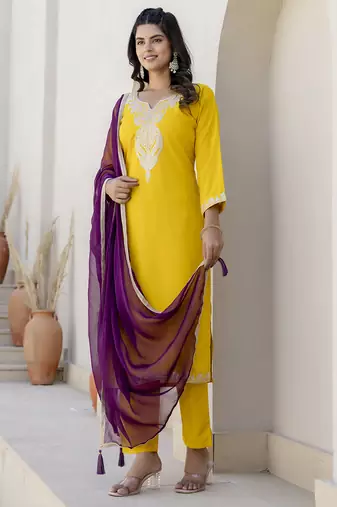 Yellow color silk blend beautiful festive wear readymade kurta set
