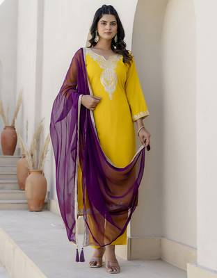 Yellow color silk blend beautiful festive wear readymade kurta set 5
