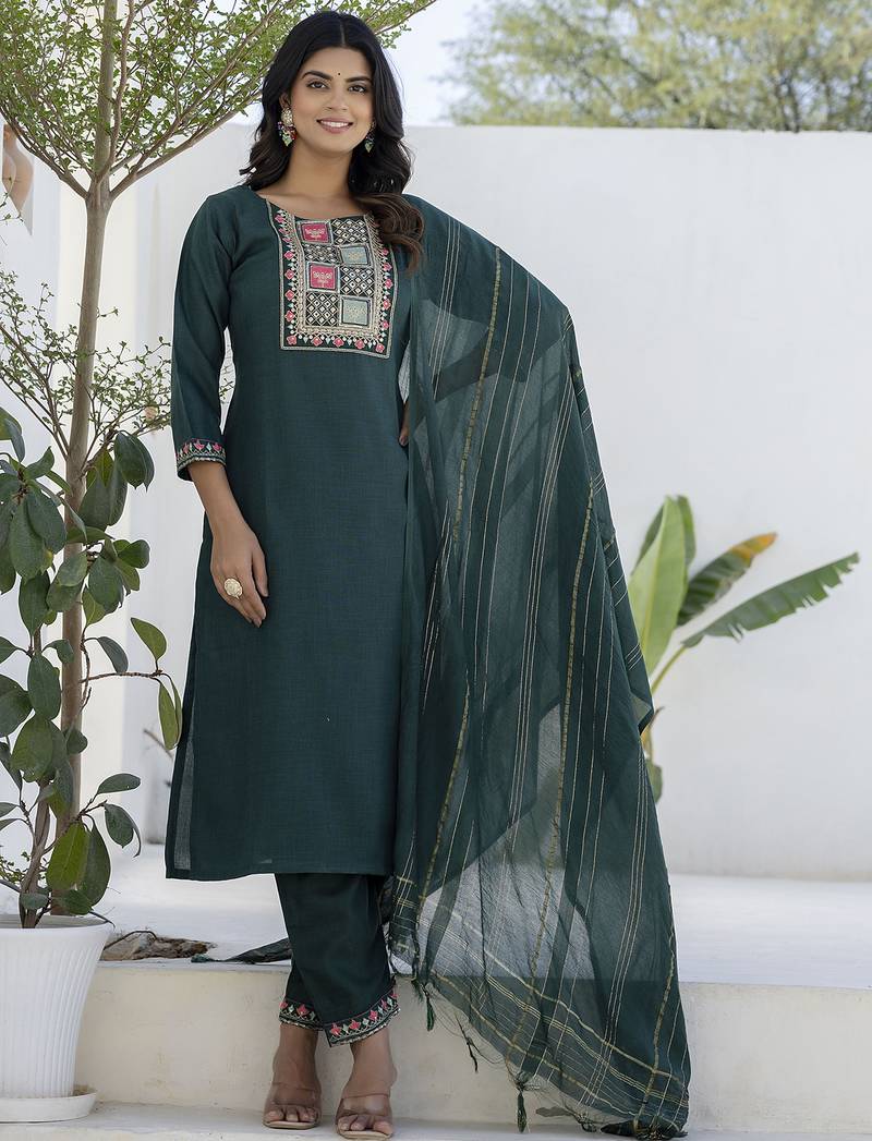 Green color cotton blend readymade kurta set for girls' ethnic festive looks