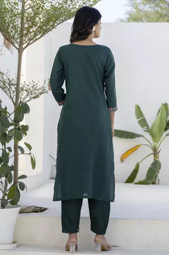 Green color cotton blend readymade kurta set for girls' festive looks