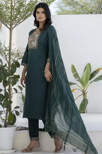 Green color cotton blend readymade kurta set for girls' festive looks