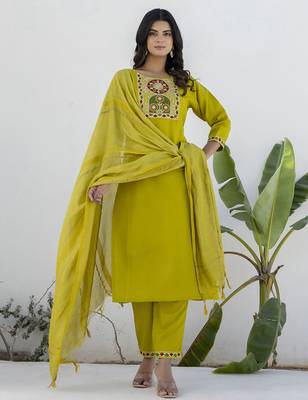 Lemon color cotton blend readymade kurta set for girls' festive looks 1