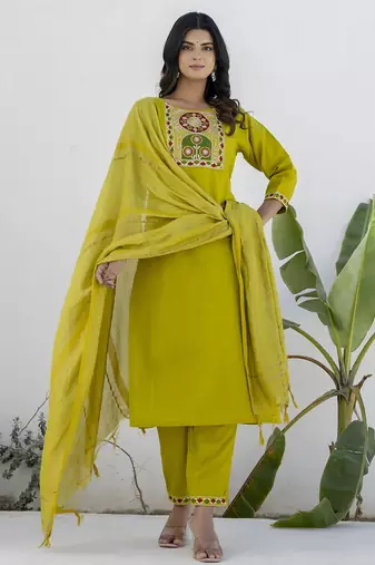 Lemon color cotton blend readymade kurta set for girls' ethnic festive looks