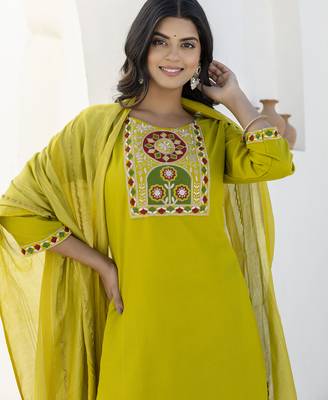 Lemon color cotton blend readymade kurta set for girls' festive looks 3