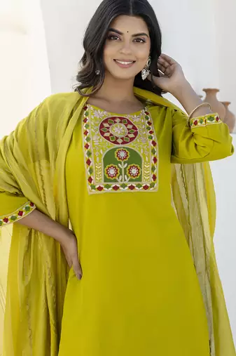 Lemon color cotton blend readymade kurta set for girls' festive looks