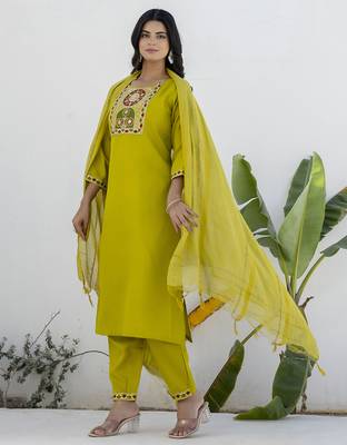 Lemon color cotton blend readymade kurta set for girls' festive looks 4