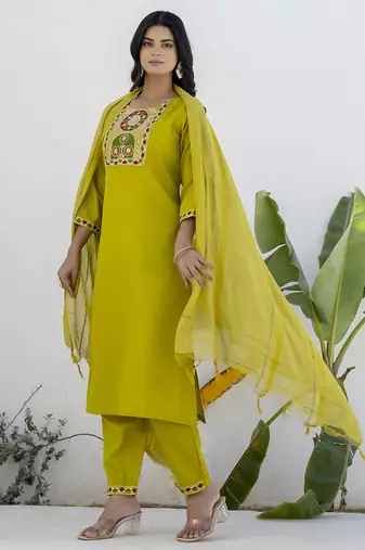 Lemon color cotton blend readymade kurta set for girls' festive looks