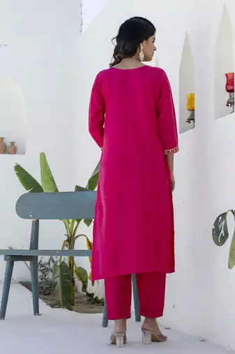 Pink color cotton blend readymade kurta set for girls' festive looks