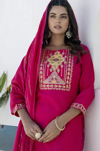 Pink color cotton blend readymade kurta set for girls' festive looks