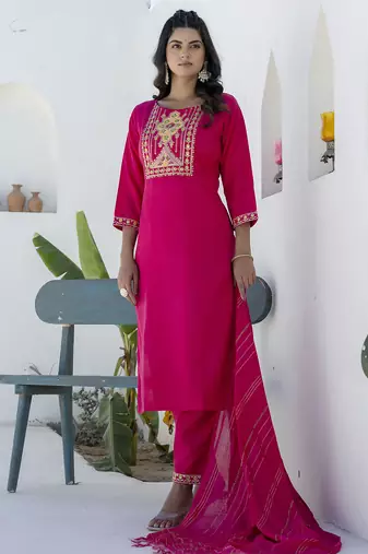 Pink color cotton blend readymade kurta set for girls' festive looks