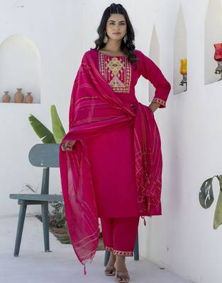 Pink color cotton blend readymade kurta set for girls' festive looks 5