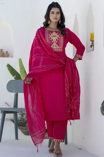 Pink color cotton blend readymade kurta set for girls' festive looks