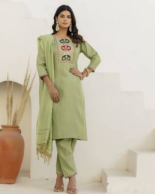 Pista color cotton blend readymade kurta set for girls' festive looks 1