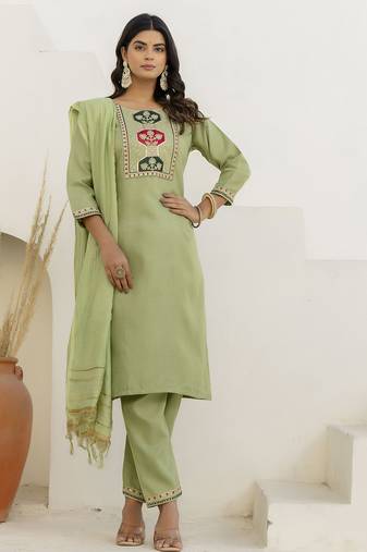 Pista color cotton blend readymade kurta set for girls' ethnic festive looks
