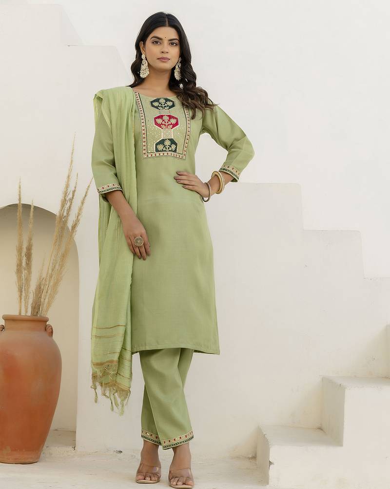 Pista color cotton blend readymade kurta set for girls' ethnic festive looks