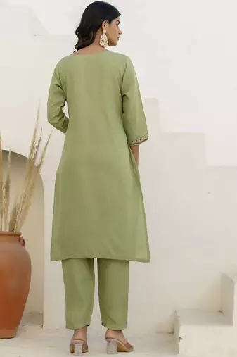 Pista color cotton blend readymade kurta set for girls' festive looks