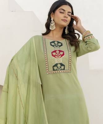 Pista color cotton blend readymade kurta set for girls' festive looks 3