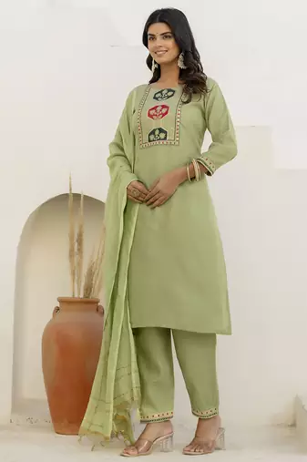 Pista color cotton blend readymade kurta set for girls' festive looks