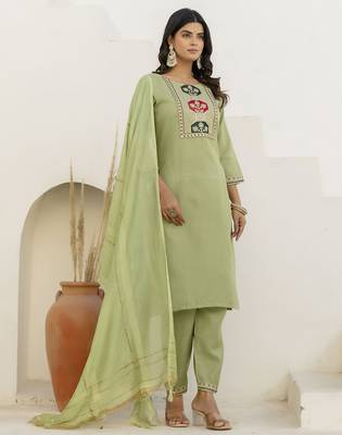 Pista color cotton blend readymade kurta set for girls' festive looks 5