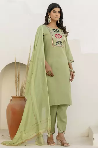Pista color cotton blend readymade kurta set for girls' festive looks