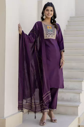 Purple color cotton blend readymade kurta set for girls' ethnic festive looks
