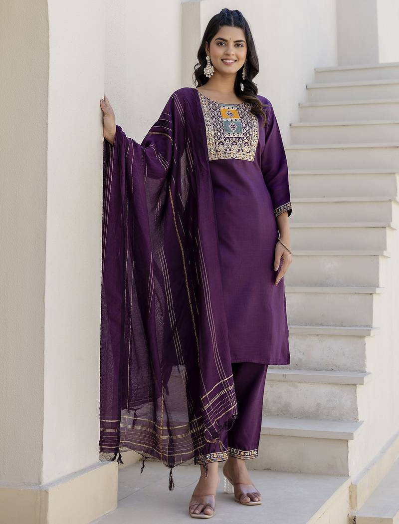 Purple color cotton blend readymade kurta set for girls' ethnic festive looks