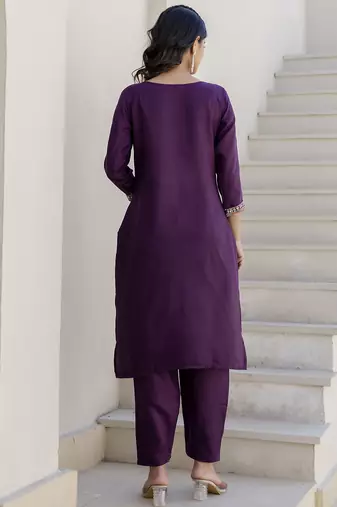 Purple color cotton blend readymade kurta set for girls' festive looks