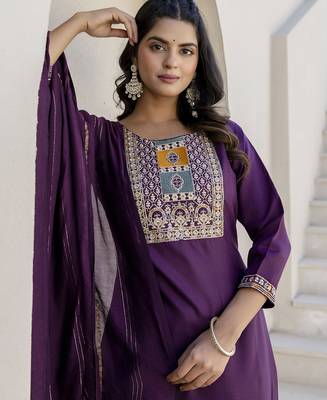 Purple color cotton blend readymade kurta set for girls' festive looks 3