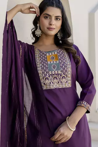 Purple color cotton blend readymade kurta set for girls' festive looks