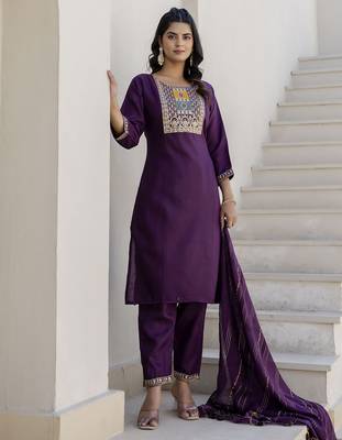 Purple color cotton blend readymade kurta set for girls' festive looks 4
