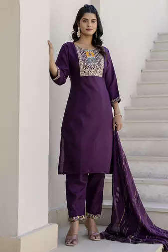 Purple color cotton blend readymade kurta set for girls' festive looks