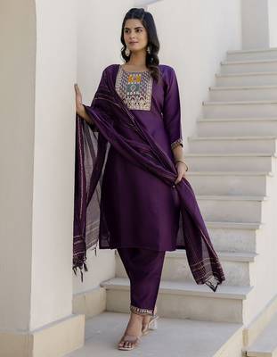 Purple color cotton blend readymade kurta set for girls' festive looks 5