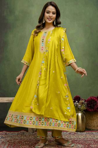 Lemon color silk blend designer embroidery work heavy looks salwar kameez