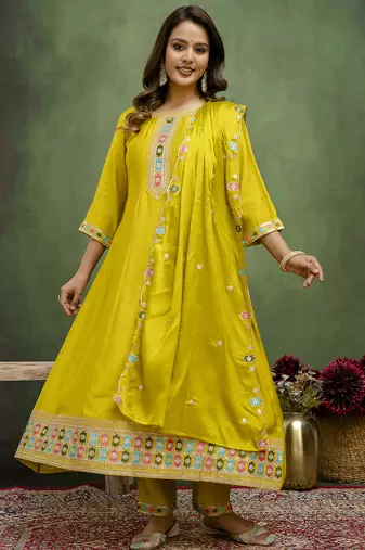Lemon color silk blend designer embroidery work heavy looks salwar kameez