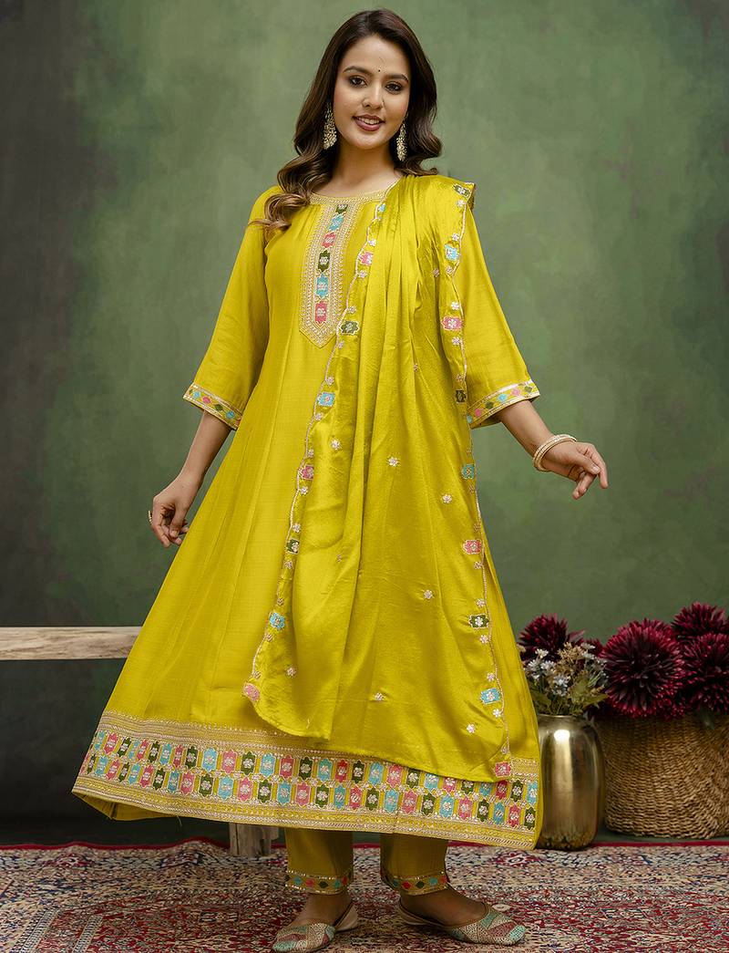 Lemon color silk blend designer embroidery work heavy looks salwar kameez