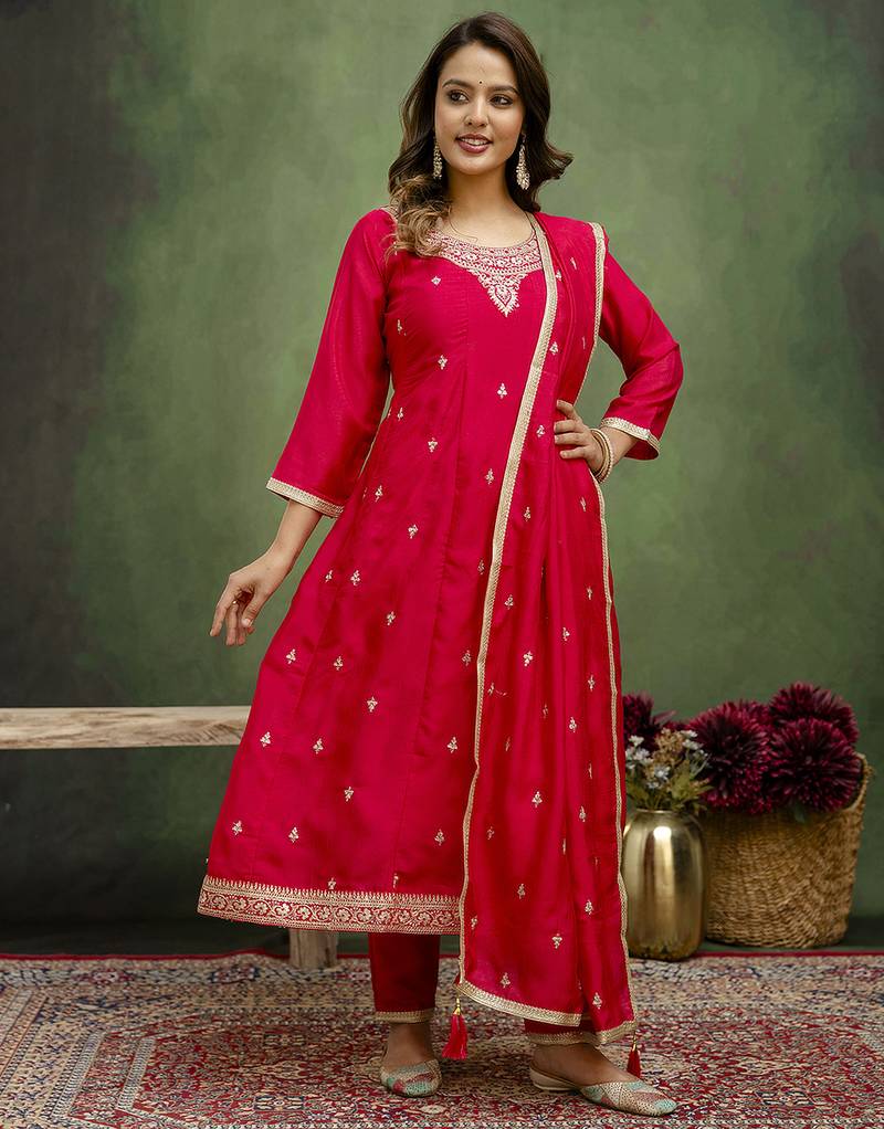 Pink color silk blend designer embroidery work heavy looks salwar kameez
