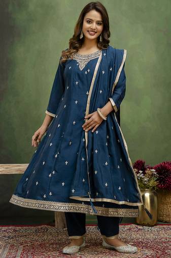 Teal blue color silk blend designer embroidery work heavy looks salwar kameez